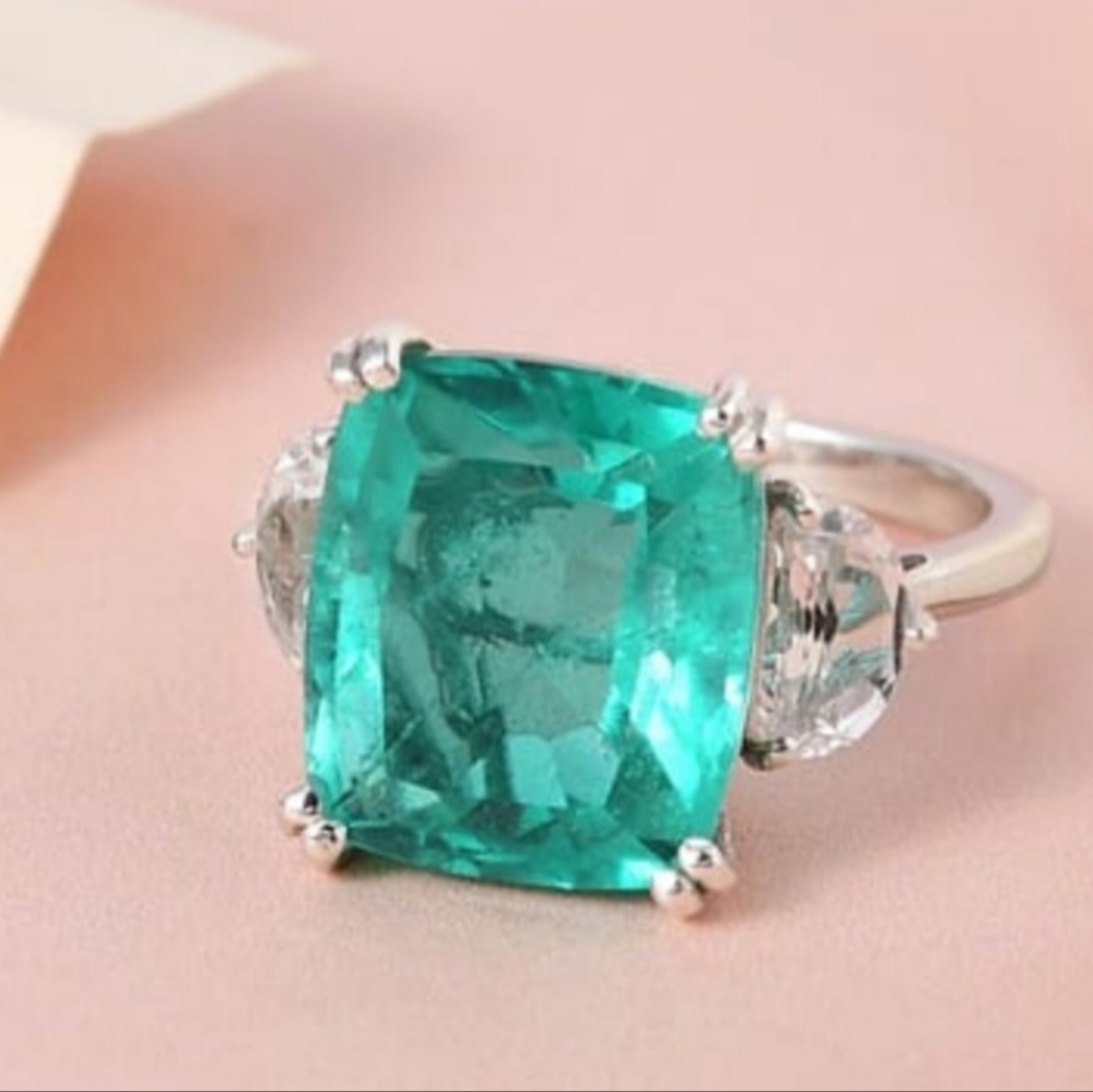 Genuine Emeraldine Quartz & White Topaz Ring Platinum over Sterling Silv… - Picture 4 of 7